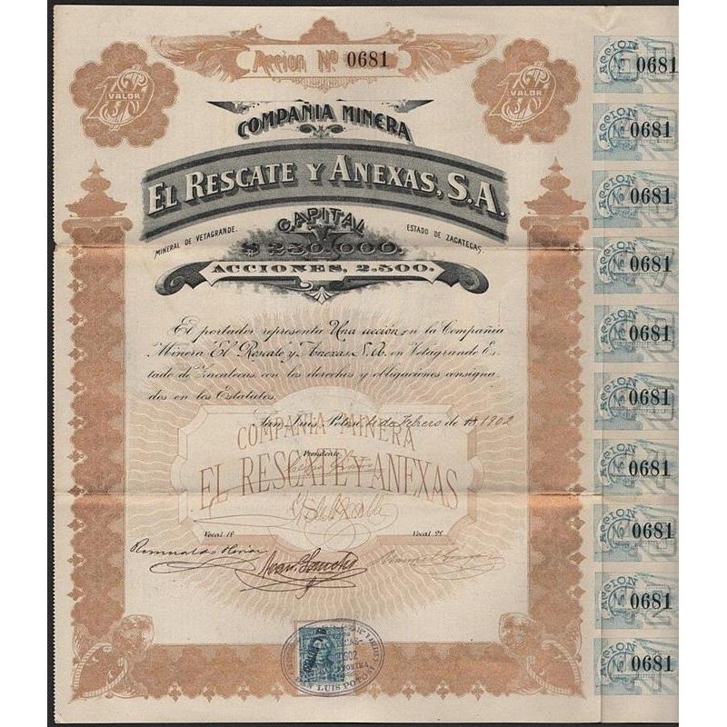Compania Minera El Rescate y Anexas, S.A. (San Luis Potosi) Stock Certificate