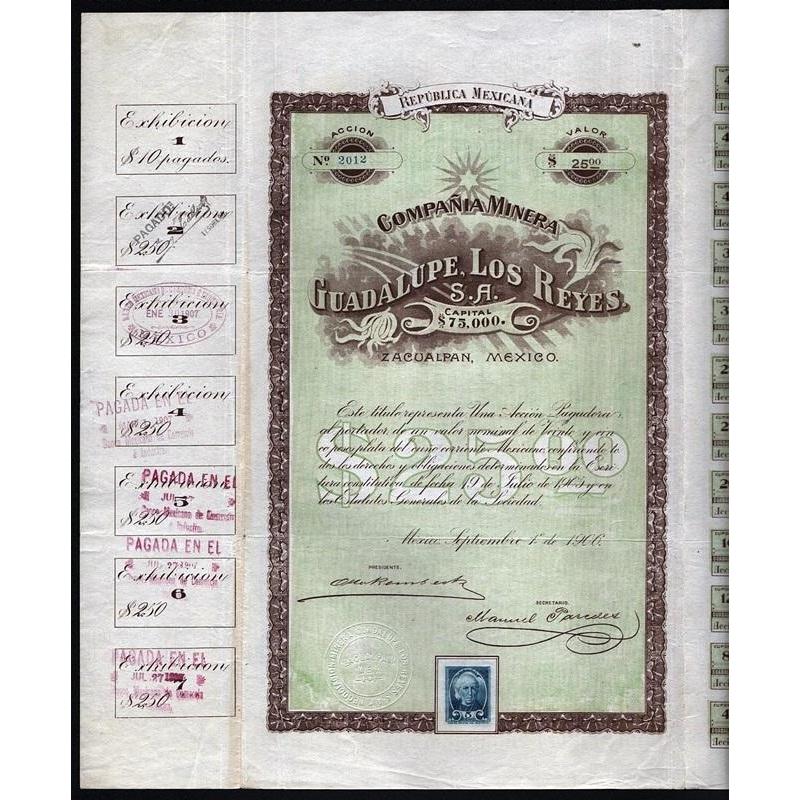 Compania Minera Guadalupe, Los Reyes S.A. (Zacualpan, Mexico) Stock Certificate
