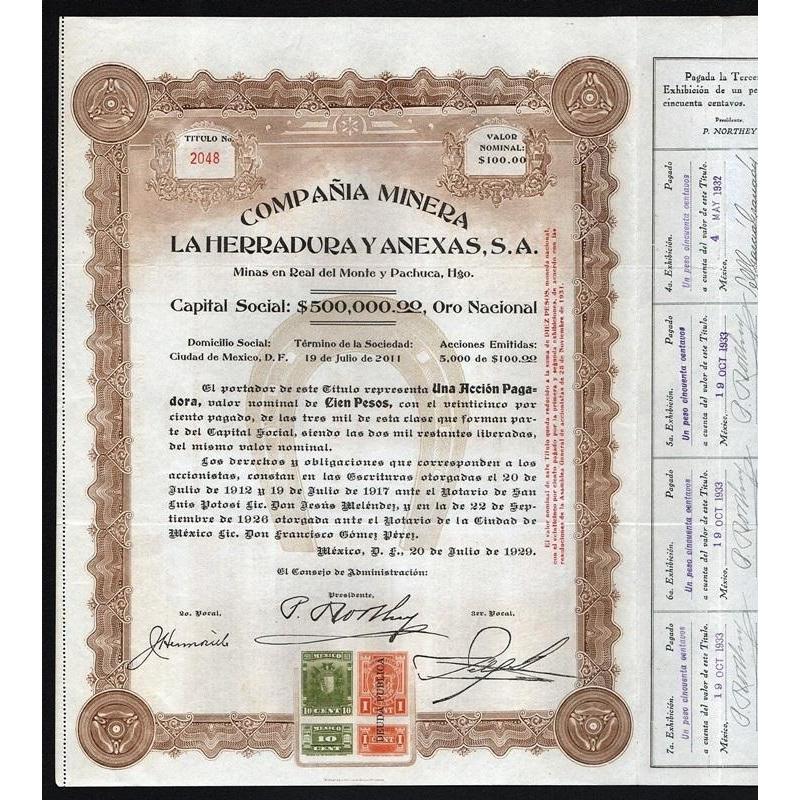 Compania Minera La Herradura y Anexas, Minas en Real del Monte y Pachuca, Hgo. Stock Certificate
