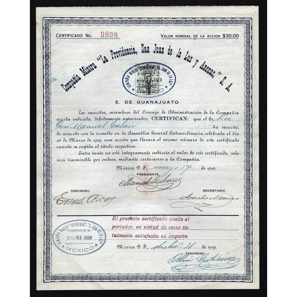 Compania Minera "La Providencia, San Juan de la Luz y Anexas," S.A. Stock Certificate