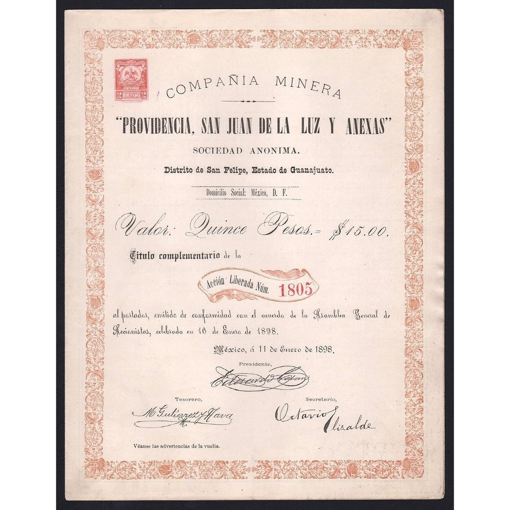 Compania Minera "Providencia. San Juan de la Luz y Anexas", S.A. Stock Certificate