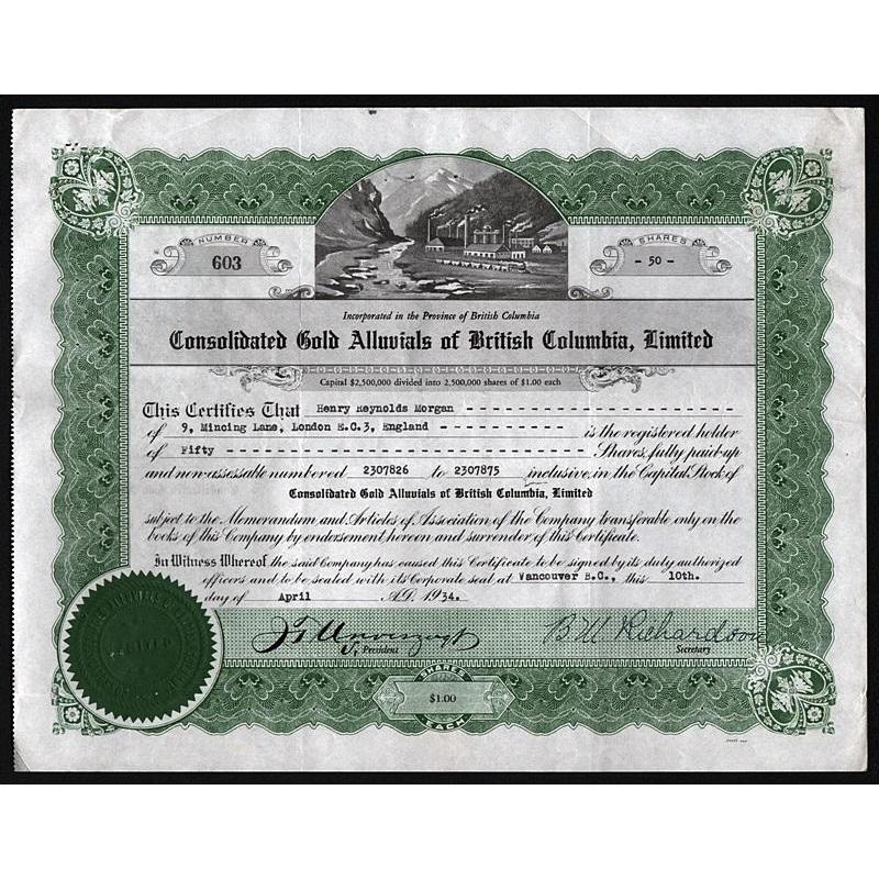Consolidated Gold Alluvials of British Columbia, Limited Stock Certificate