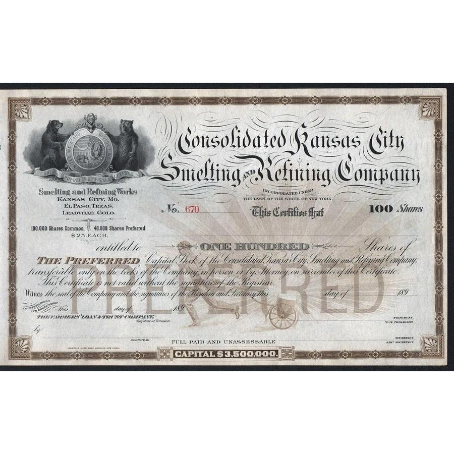Consolidated Kansas City Smelting and Refining Company Stock Certificate