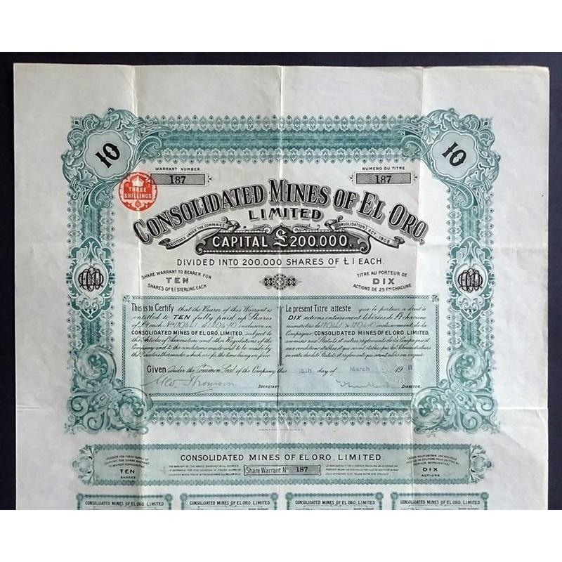 Consolidated Mines of El Oro, Limited Stock Certificate