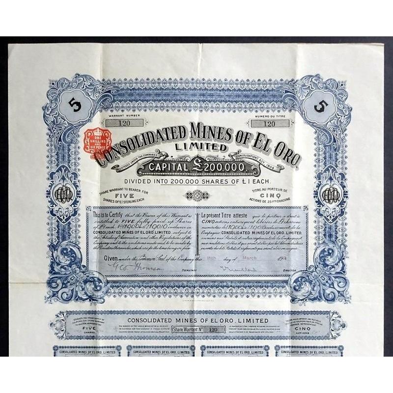 Consolidated Mines of El Oro Stock Certificate
