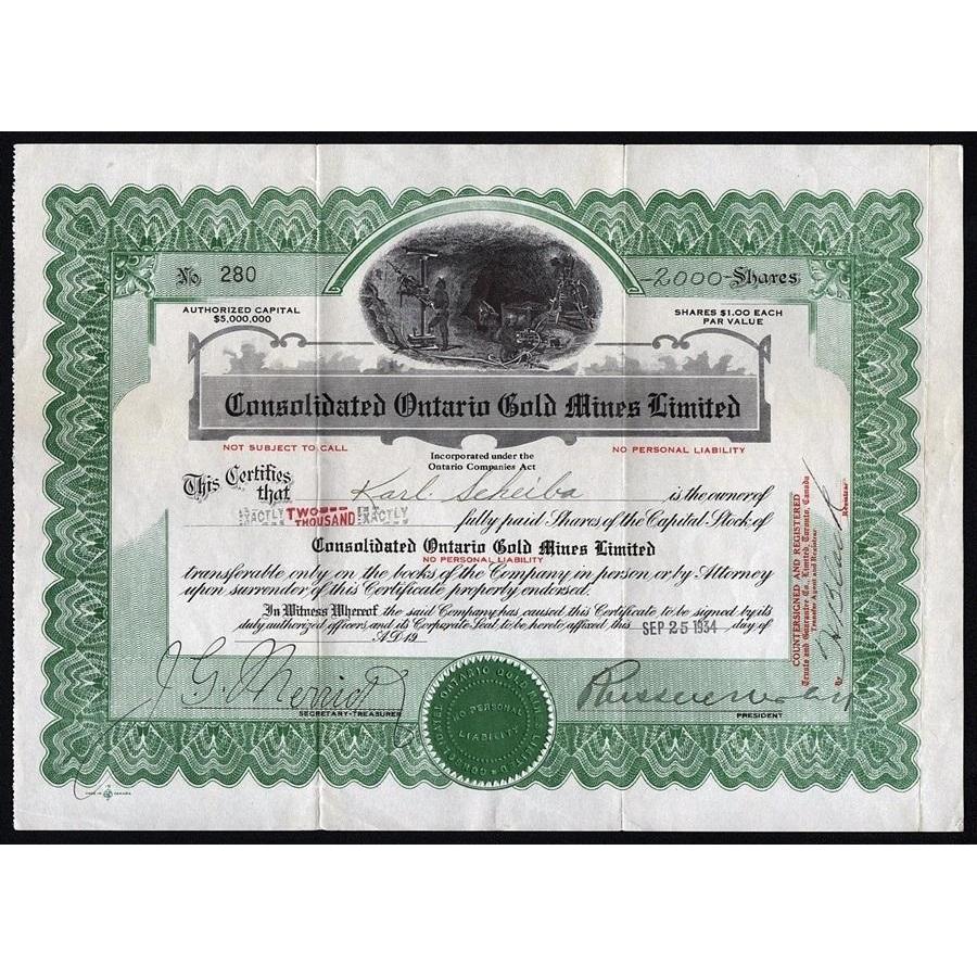 Consolidated Ontario Gold Mines Limited Stock Certificate