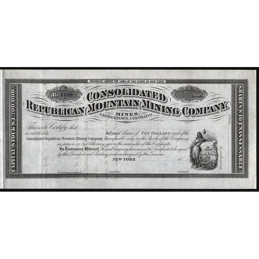 Consolidated Republican Mountain Mining Company (Mines, Georgetown, Colorado) Stock Certificate