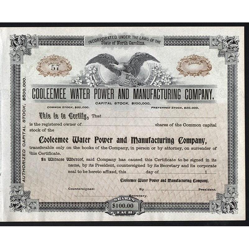 Cooleemee Water Power and Manufacturing Company Stock Certificate