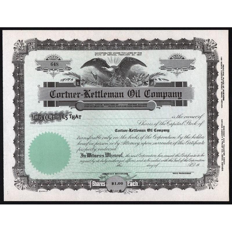 Cortner-Kettleman Oil Company Stock Certificate
