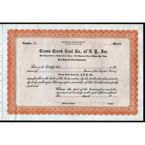 Cross Creek Coal Co., of N.Y., Inc. Stock Certificate