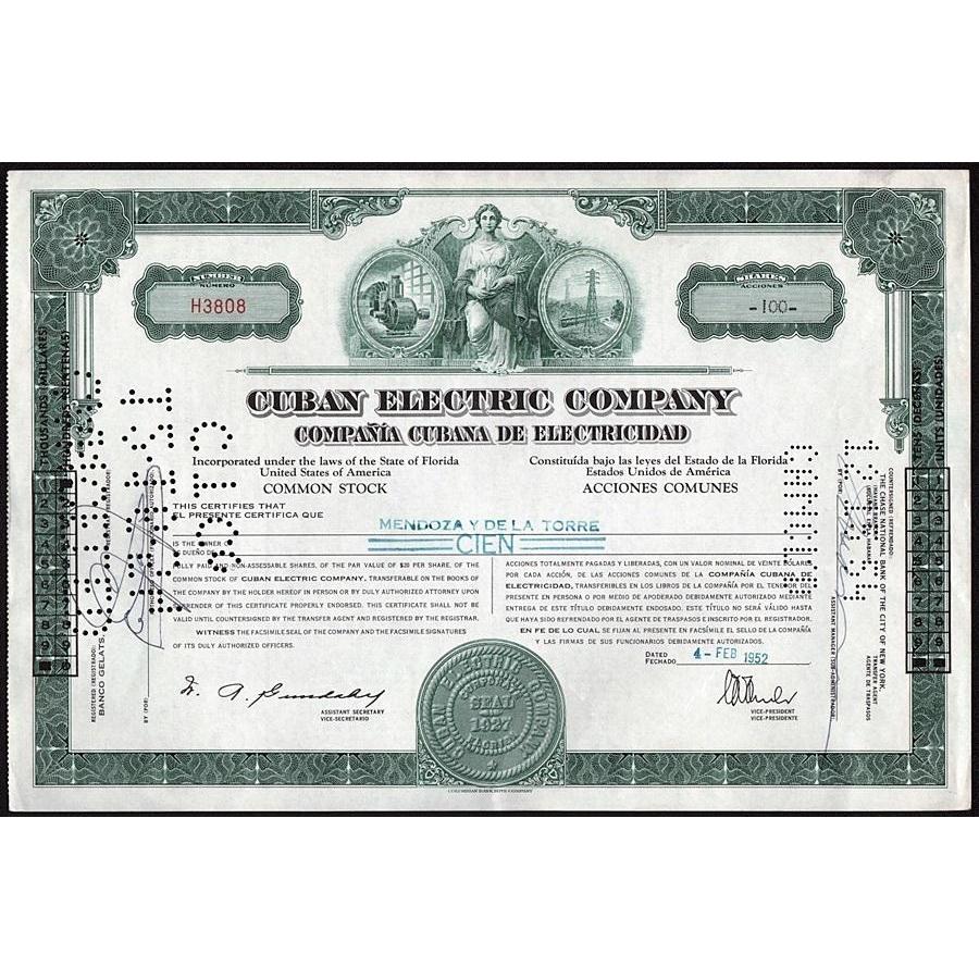 Cuban Electric Company - Compania Cubana De Electricidad Stock Certificate