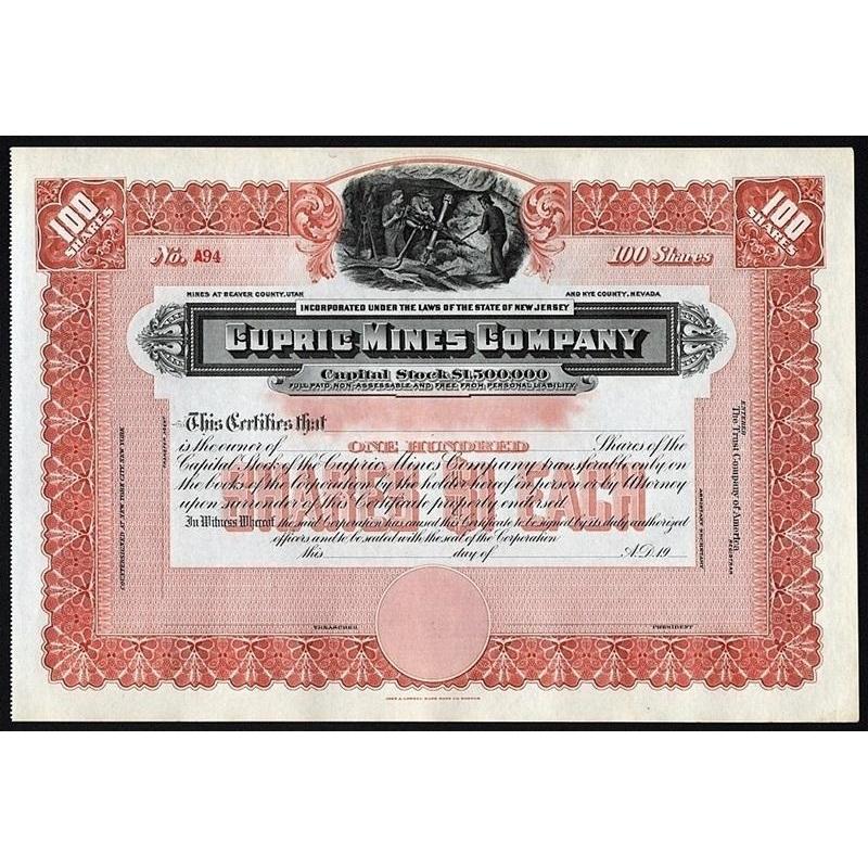 Cupric Mines Company Stock Certificate