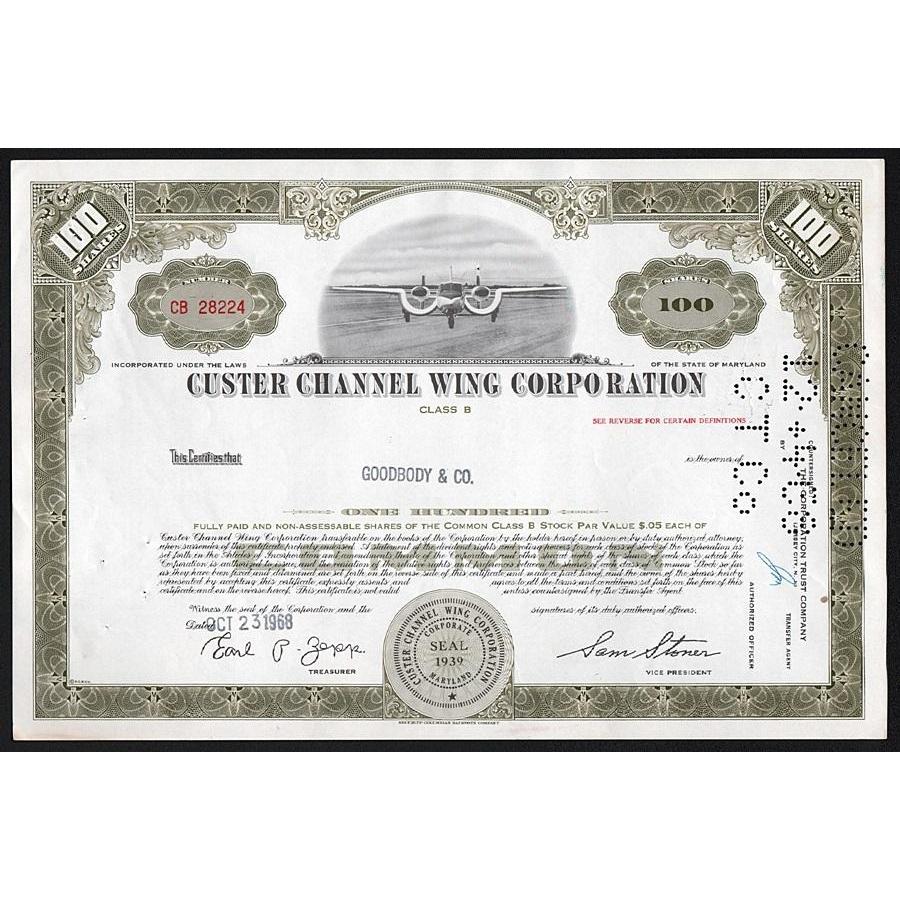 Custer Channel Wing Corporation Stock Certificate