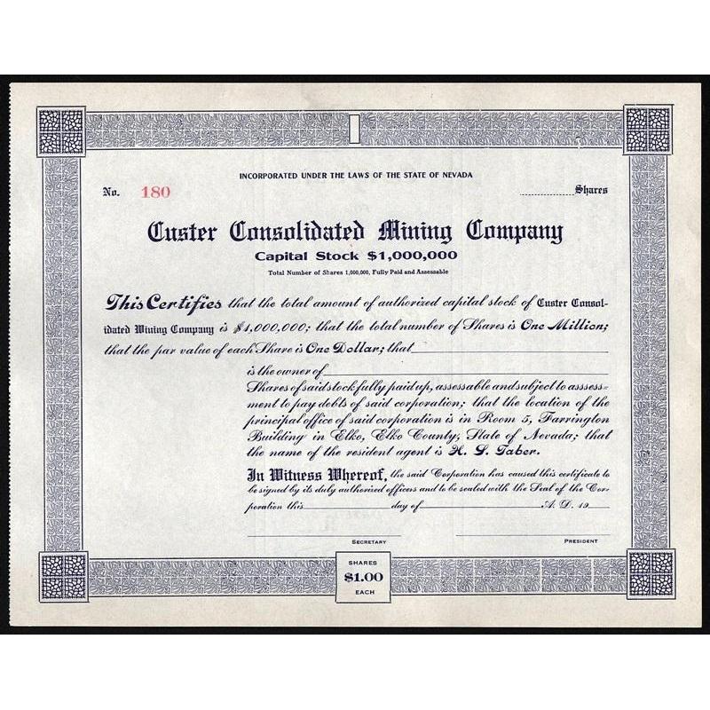 Custer Consolidated Mining Company Stock Certificate
