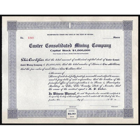 Custer Consolidated Mining Company Stock Certificate