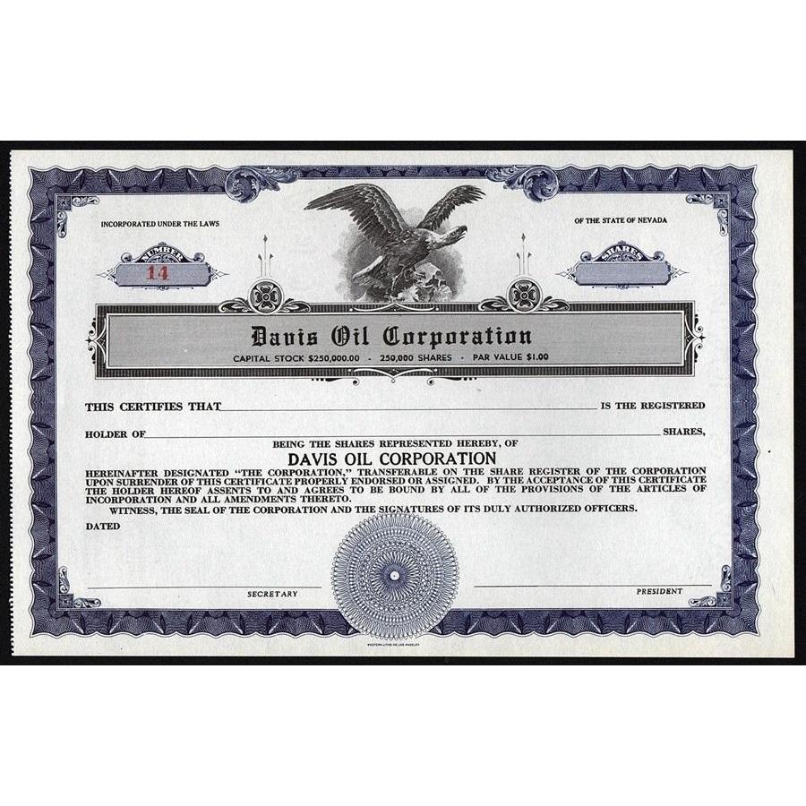 Davis Oil Corporation Stock Certificate
