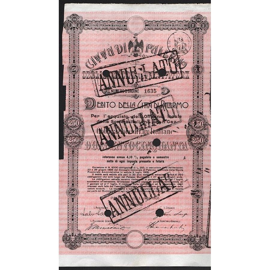 Debito della Citta di Palermo, Obbligazione al Portatore 1906 Italy Stock Certificate
