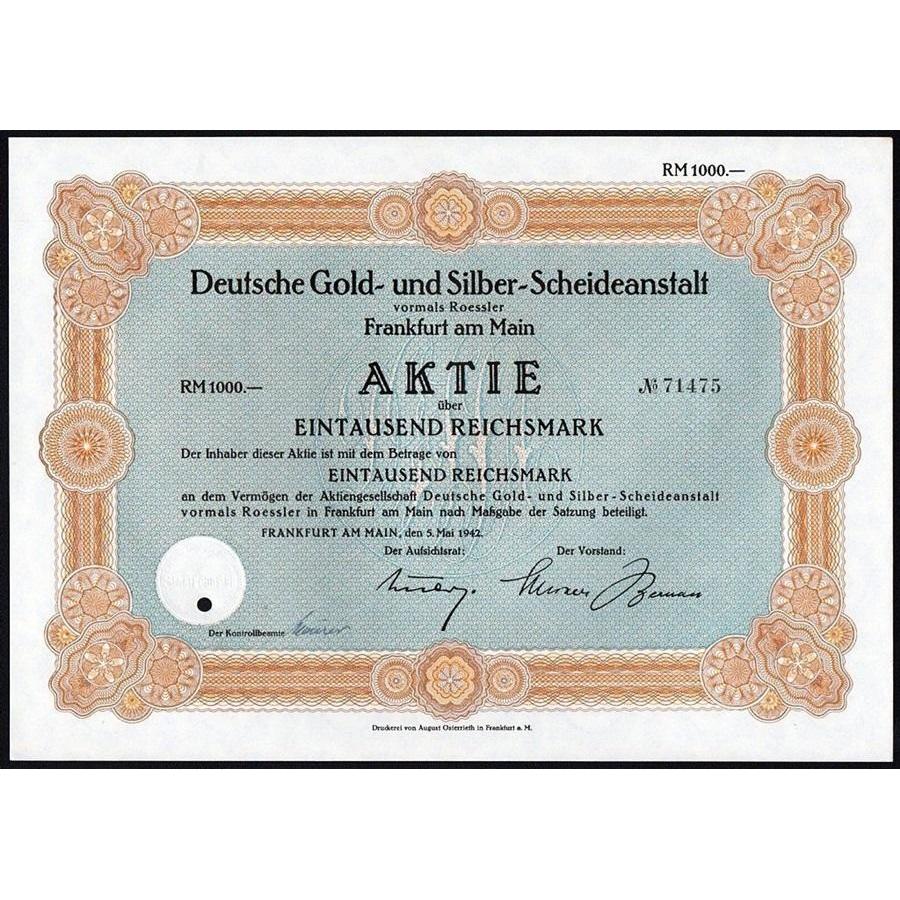 Deutsche Gold- und Silber- Scheideanstalt (Degussa) Stock Certificate