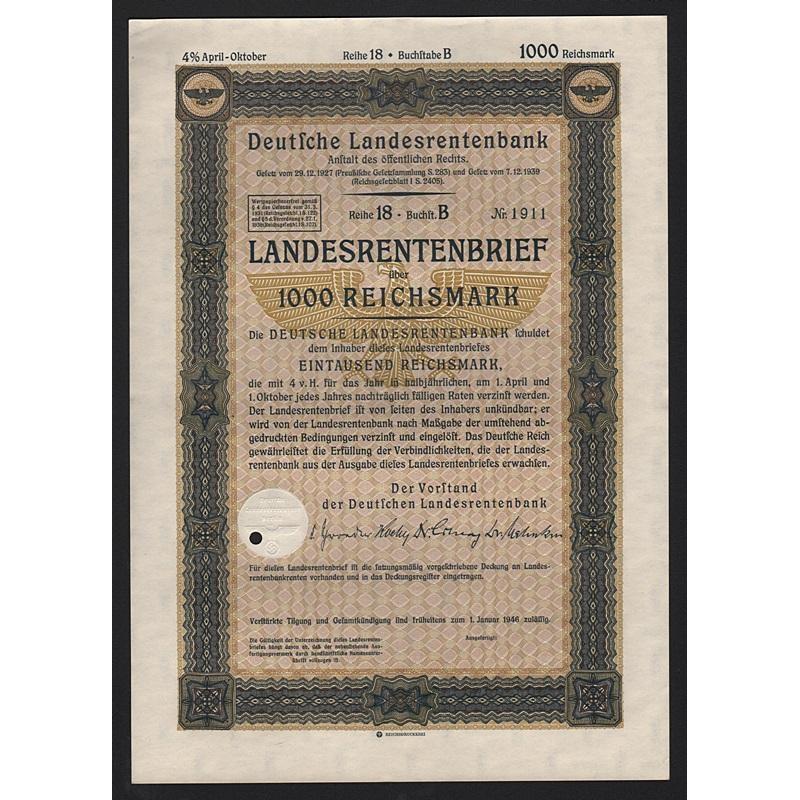 Deutsche Landesrentenbank, Landesrentenbrief über 1000 Reichsmark Stock Certificate