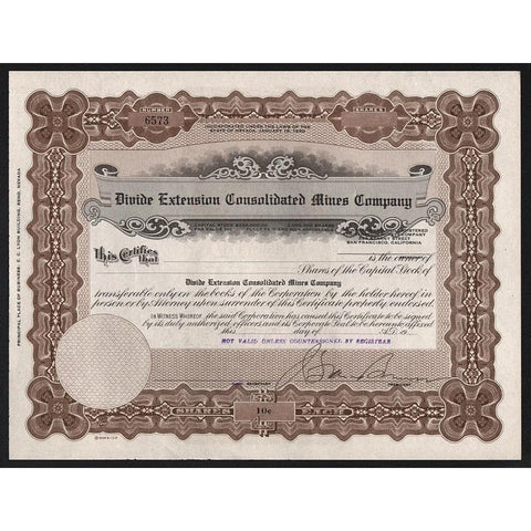 Divide Extension Consolidated Mines Company Stock Certificate