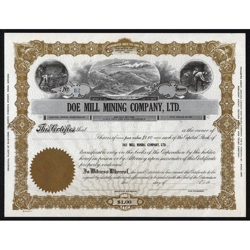 Doe Mill Mining Company, Ltd. Stock Certificate