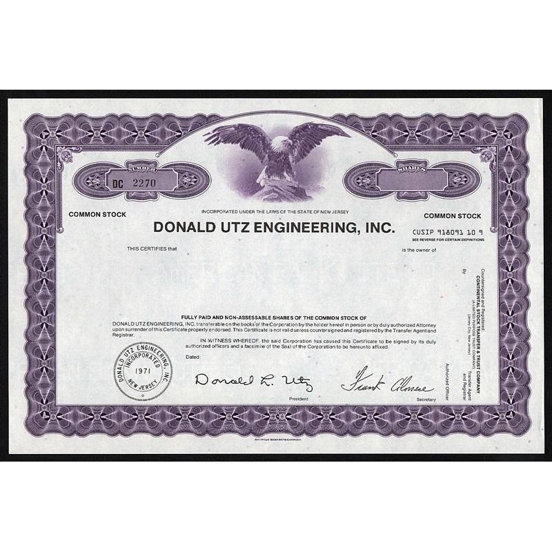 Donald Utz Engineering, Inc. Stock Certificate