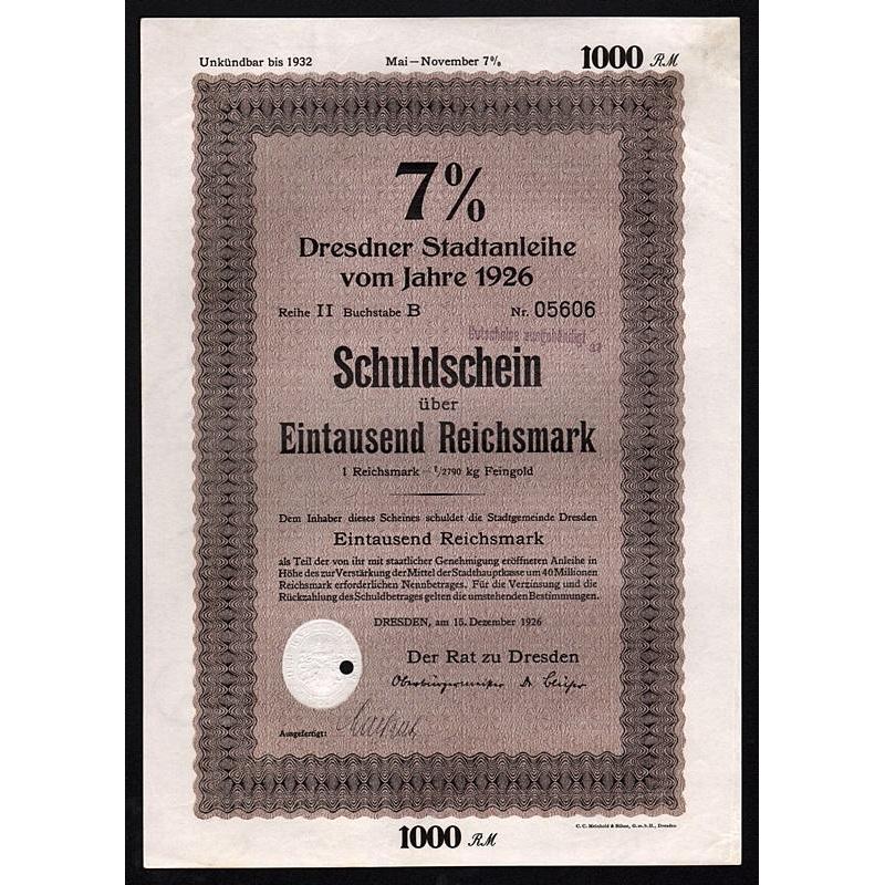 Dresdner Stadtanleihe vom Jahre 1926 Stock Certificate