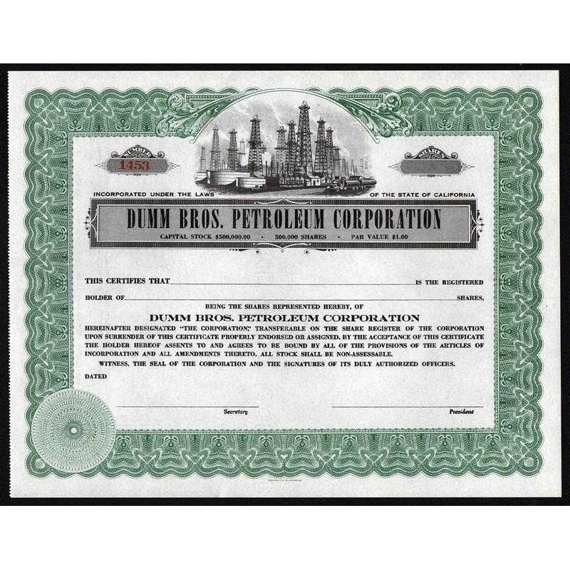 Dumm Bros. Petroleum Corporation Stock Certificate