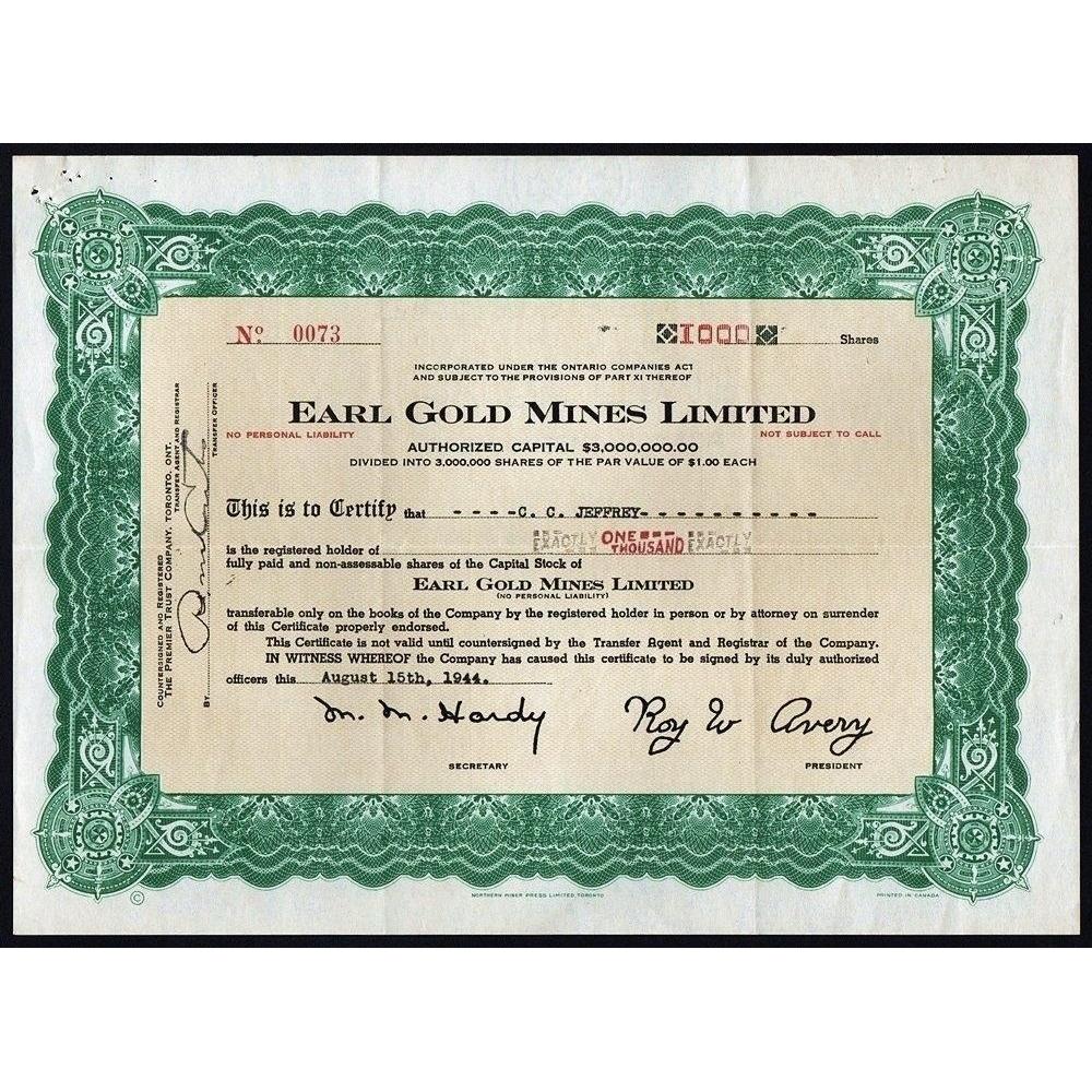 Earl Gold Mines Limited Stock Certificate