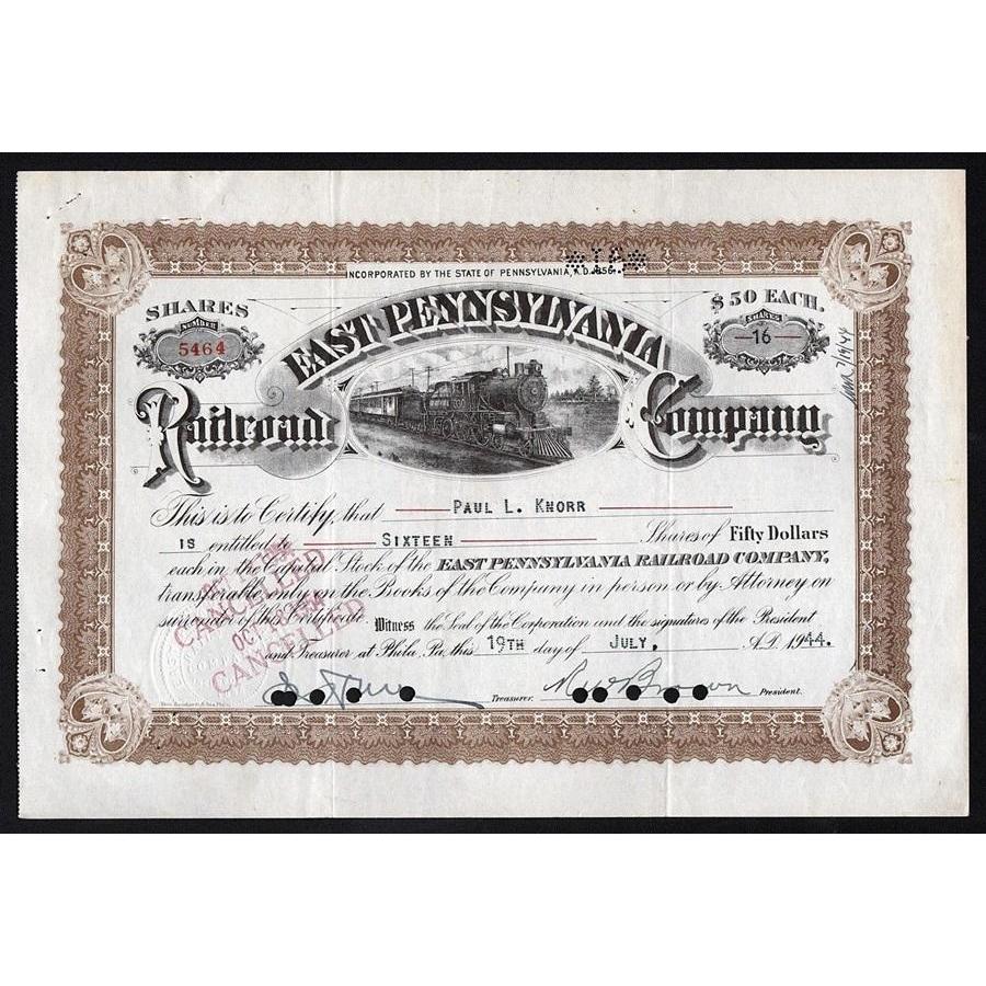 East Pennsylvania Railroad Company Stock Certificate