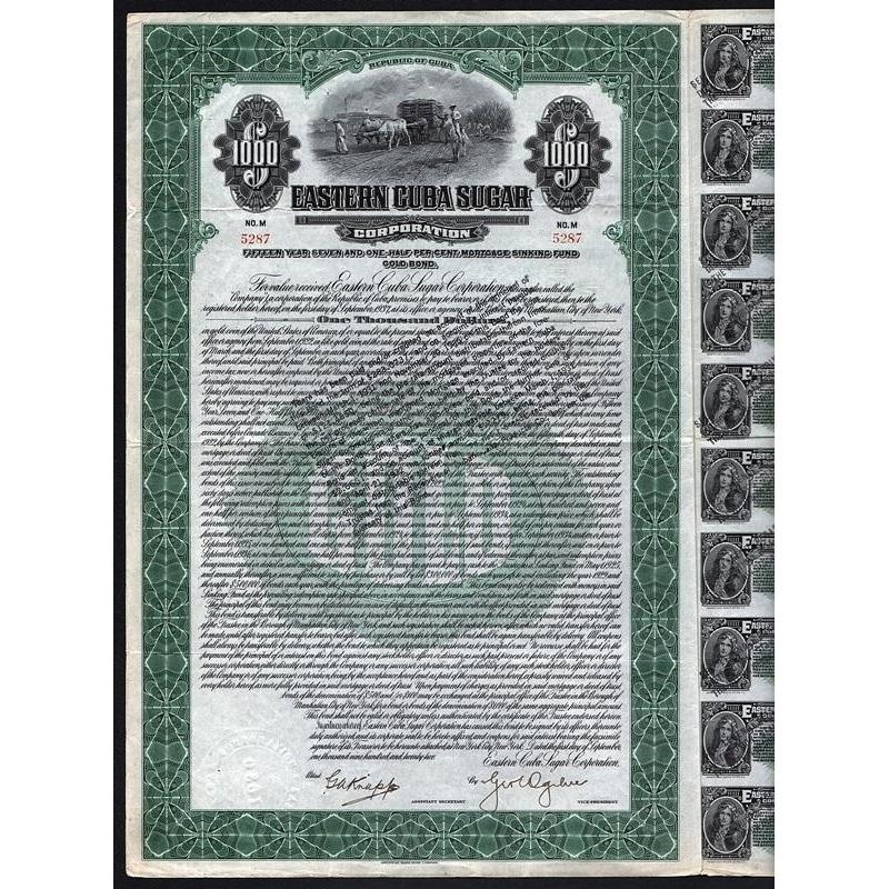 Eastern Cuba Sugar Corporation 1922 Cuban Gold Bond Certificate
