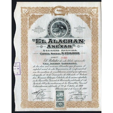 "El Alacran Y Anexas" Sociedad Anonima Stock Certificate