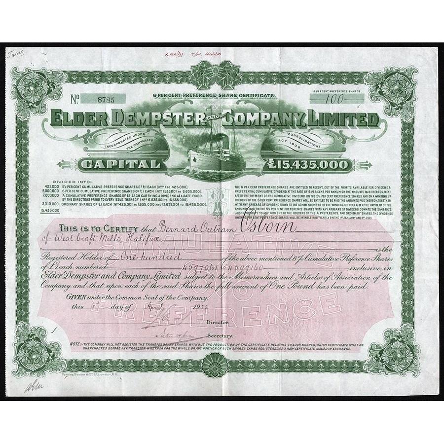 Elder Dempster and Company, Limited Stock Certificate