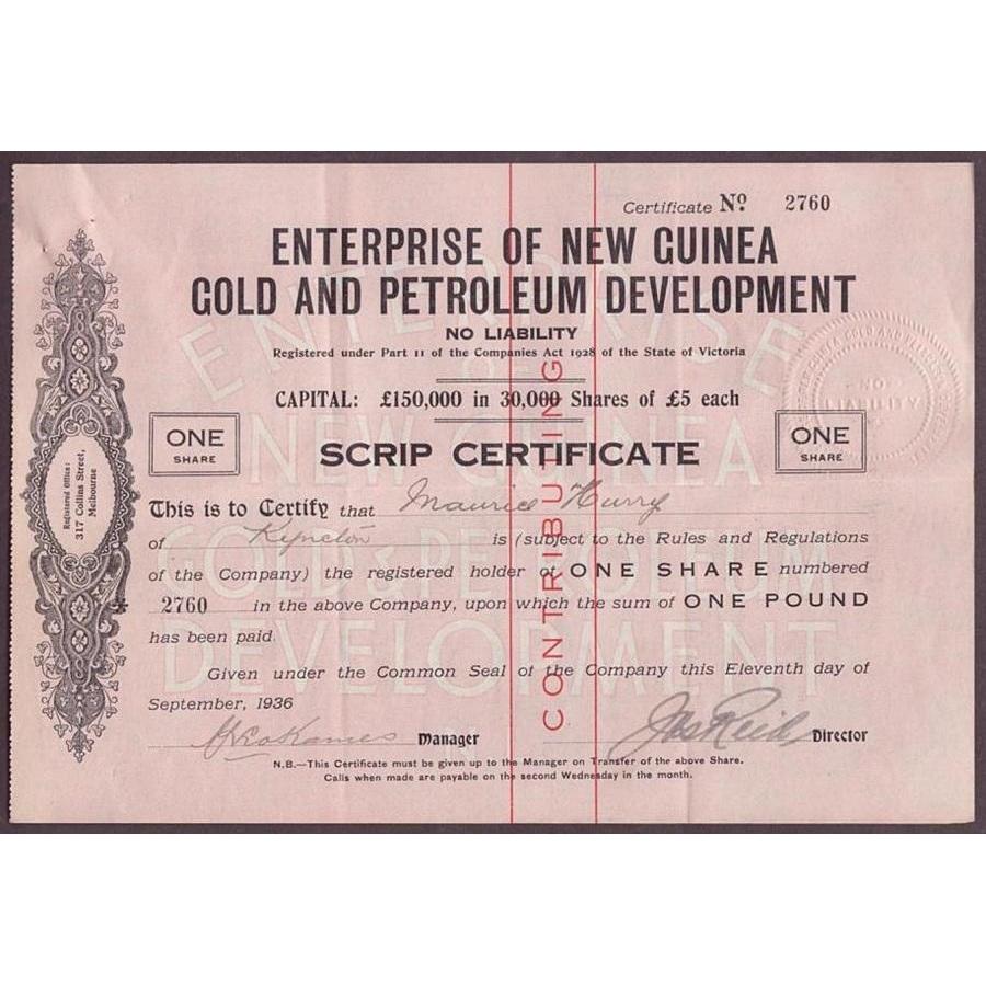 Enterprise of New Guinea Gold and Petroleum Development, No Liability Stock Certificate