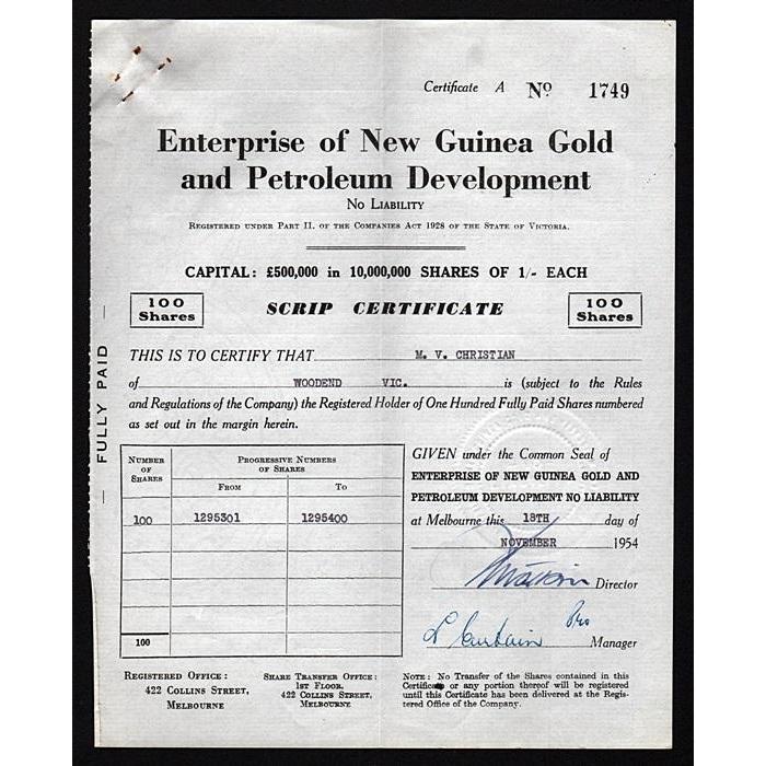 Enterprise of New Guinea Gold and Petroleum Development No Liability Stock Certificate