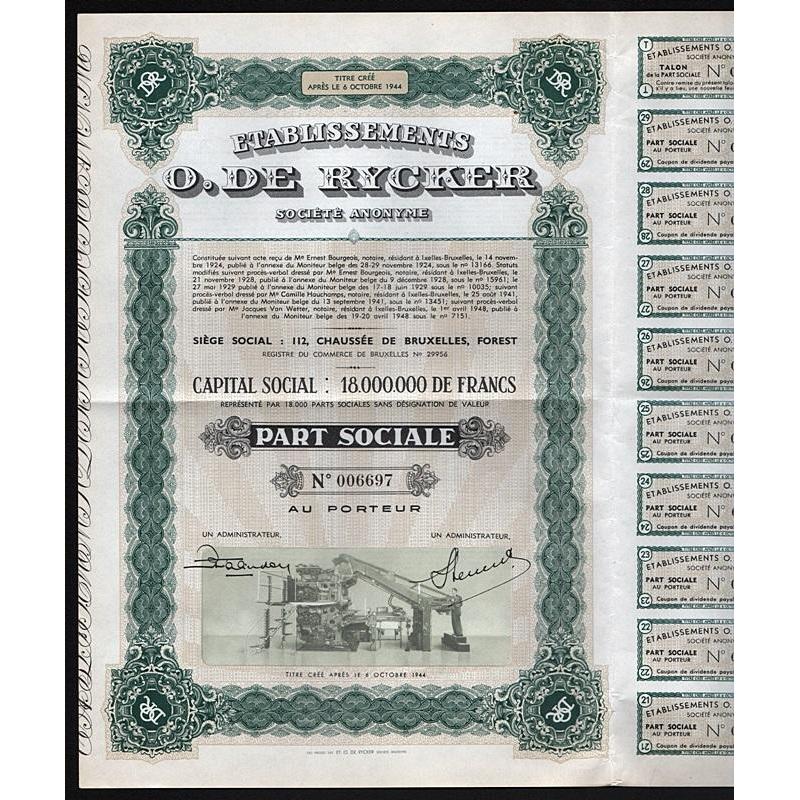 Etablissements O. De Rycker Societe Anonyme Stock Certificate