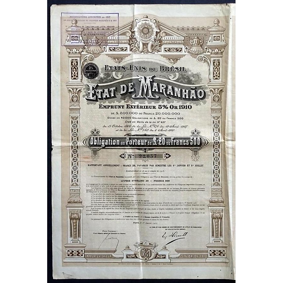 Etat de Maranhao, Etats-Unis du Bresil, Emprunt Exterieur (Gold Loan) Stock Certificate