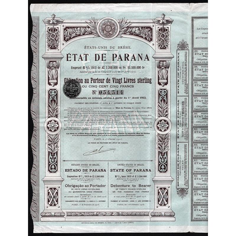 Etat de Parana - Estado do Parana - State of Parana Stock Certificate