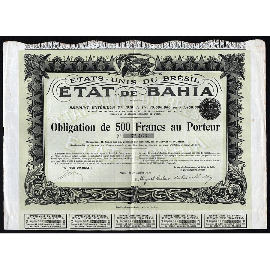 Etats-Unis du Bresil, Etat de Bahia Stock Certificate