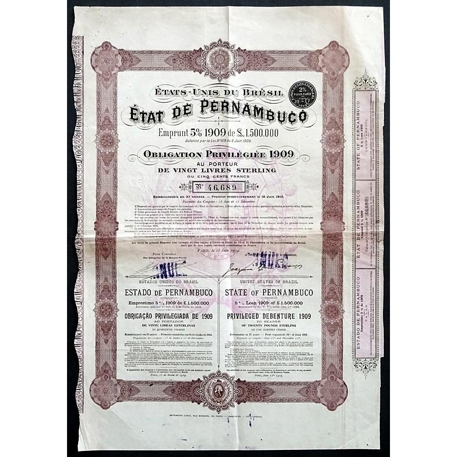 Etats Unis du Bresil, Etat de Pernambuco Stock Certificate