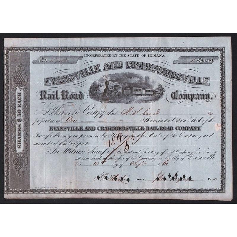 Evansville and Crawfordsville Rail Road Company Stock Certificate