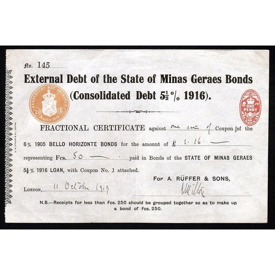 External Debt of the State of Minas Geraes Bonds Stock Certificate