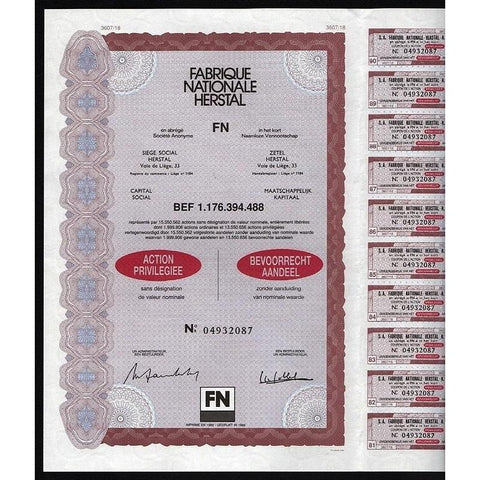 Fabrique Nationale Herstal "FN" (Firearms) Stock Certificate