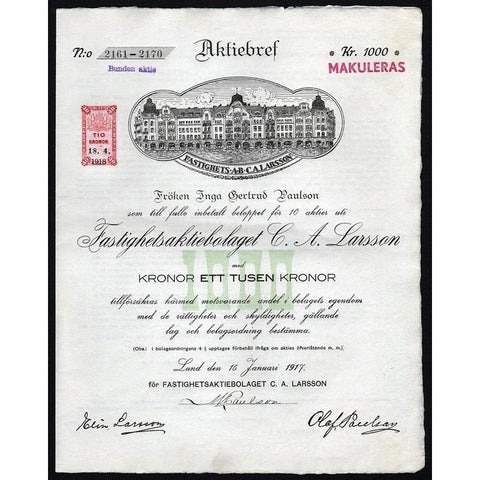 Fastighetsaktiebolaget C.A. Larsson Stock Certificate