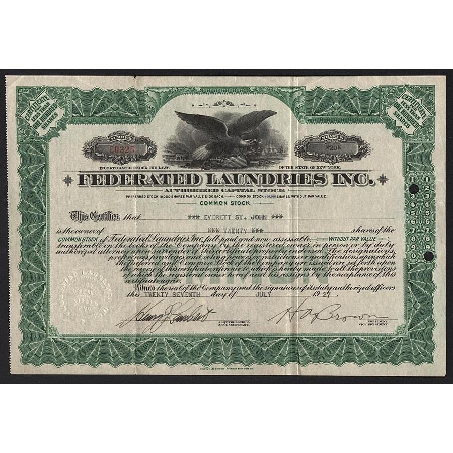 Federated Laundries Inc. Stock Certificate