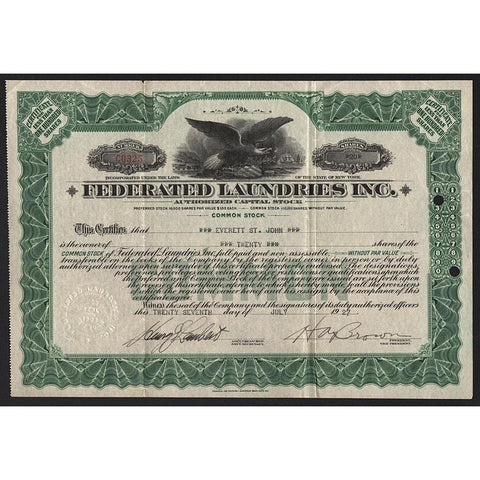 Federated Laundries Inc. Stock Certificate