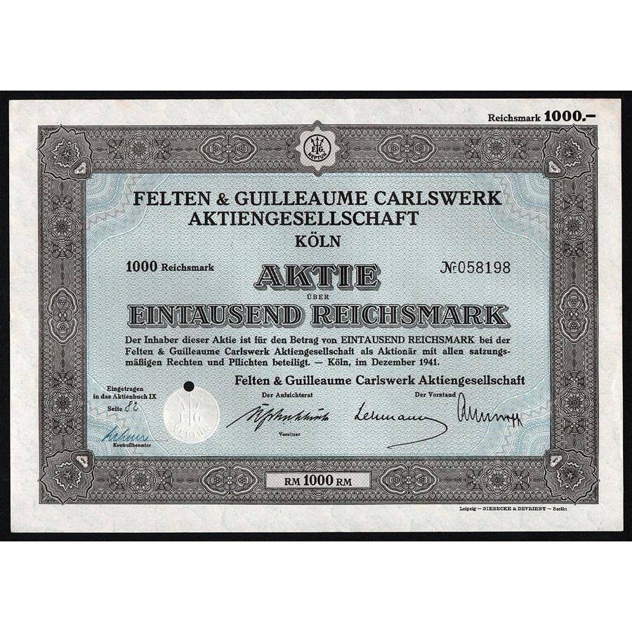 Felten & Guilleaume Carlswerk Aktiengesellschaft, Köln Stock Certificate