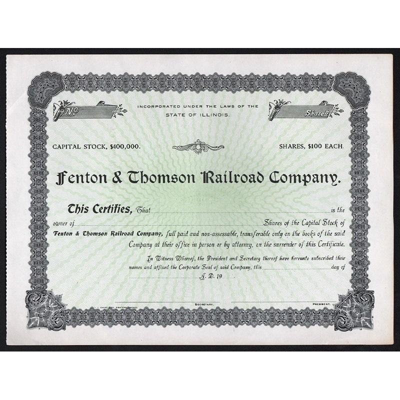 Fenton & Thomson Railroad Company Stock Certificate