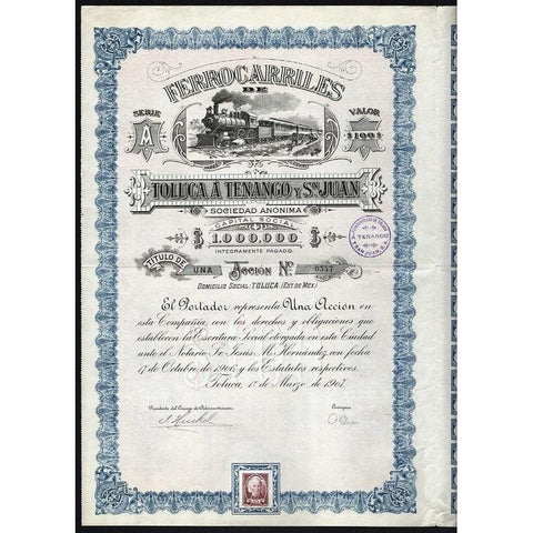 Ferrocarriles de Toluca a Tenango y Sn. Juan Sociedad Anonima Stock Certificate