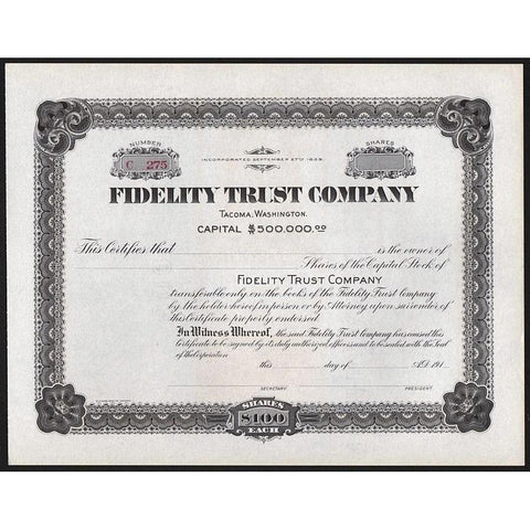 Fidelity Trust Company (Tacoma, Washington) Stock Certificate